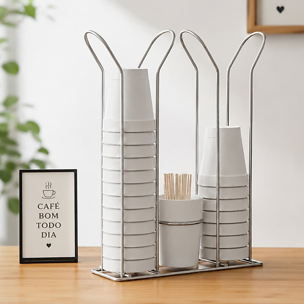 Suporte de Copos Descartáveis de Café e Água 80ml e 200ml Organizador com Porta Colherzinha Stolf