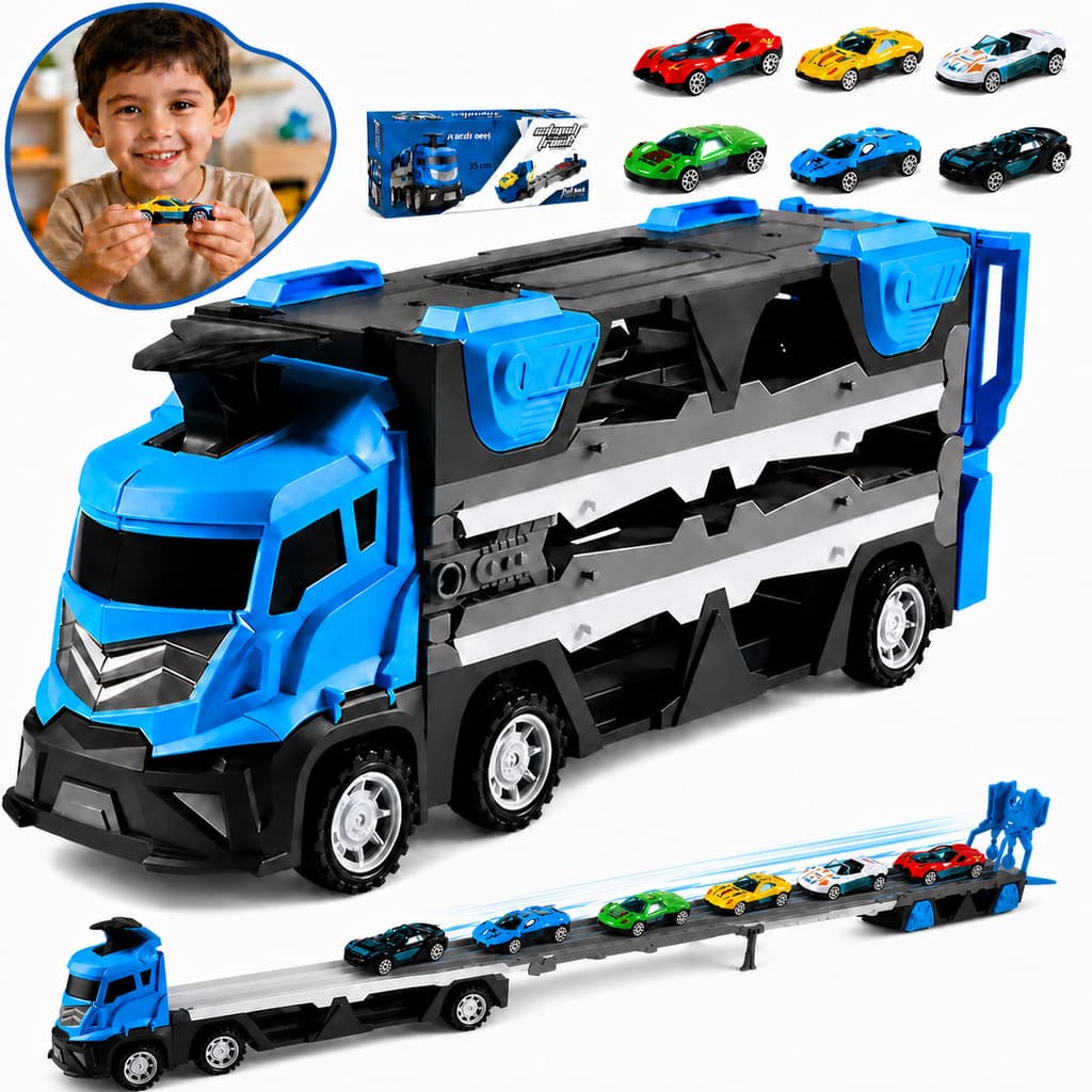 Caminhao Cegonha Vira Pista Grande Com Lancador Carreta Cegonheira Com 6 Carrinhos Fricção Kizumba