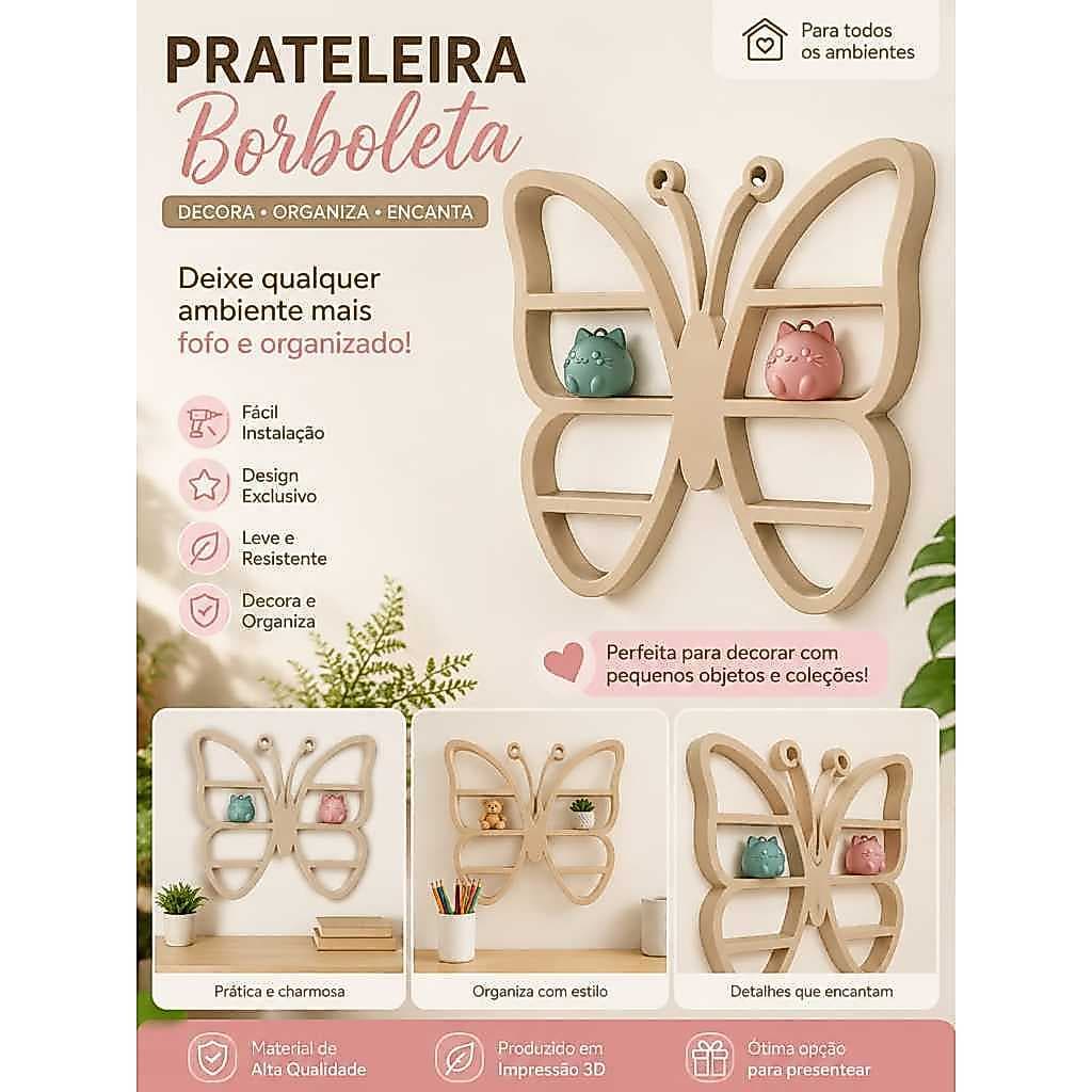 Prateleira de Parede Borboleta Decorativa Expositor Impressão 3D