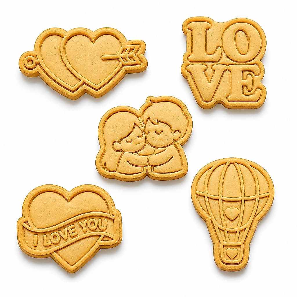 Kit Cortador de Biscoito Dia dos Namorados 5 Peças – PLA 3D, I Love You, Balão, Casal e Corações – Confeitaria