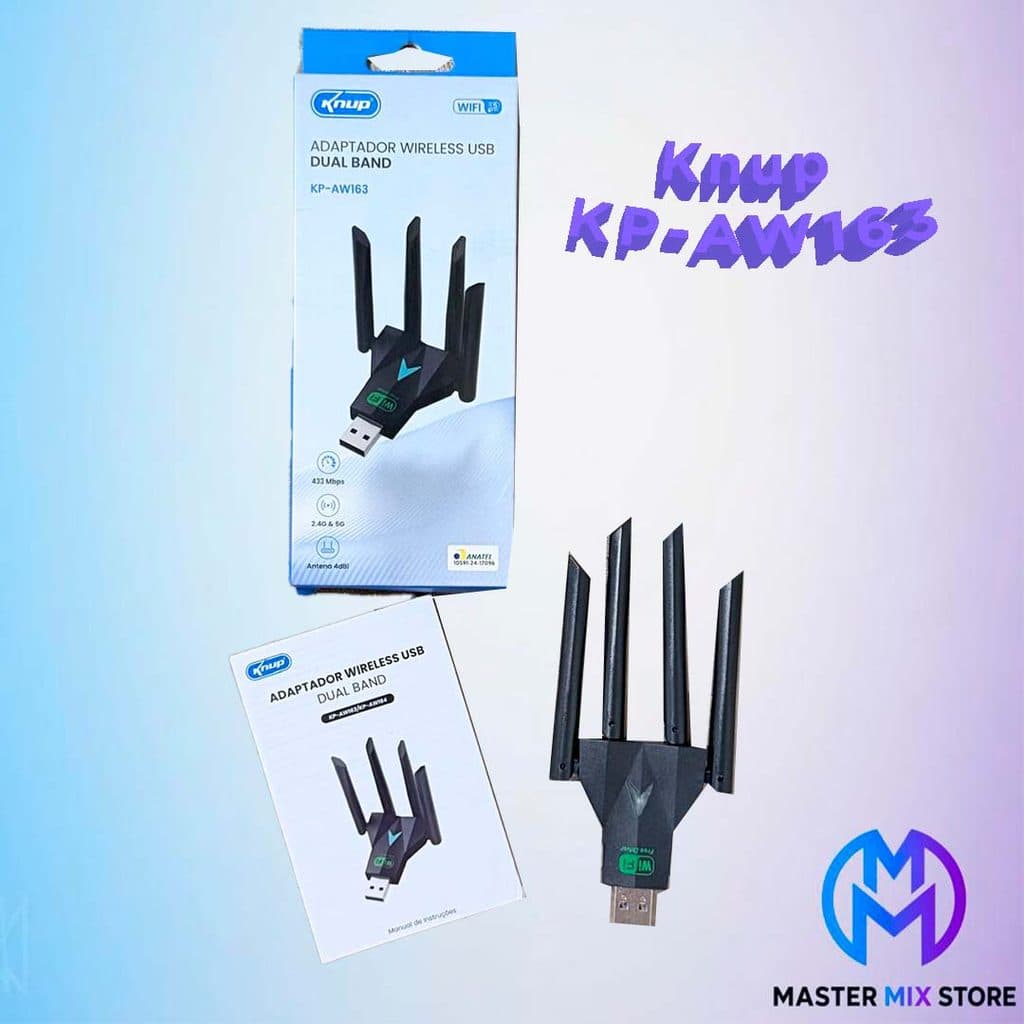 Adaptador Wireless USB Dual Band Knup KP-AW163 com 4 Antenas - 2.4G e 5G - 433 Mbps - Antena 4 dBi