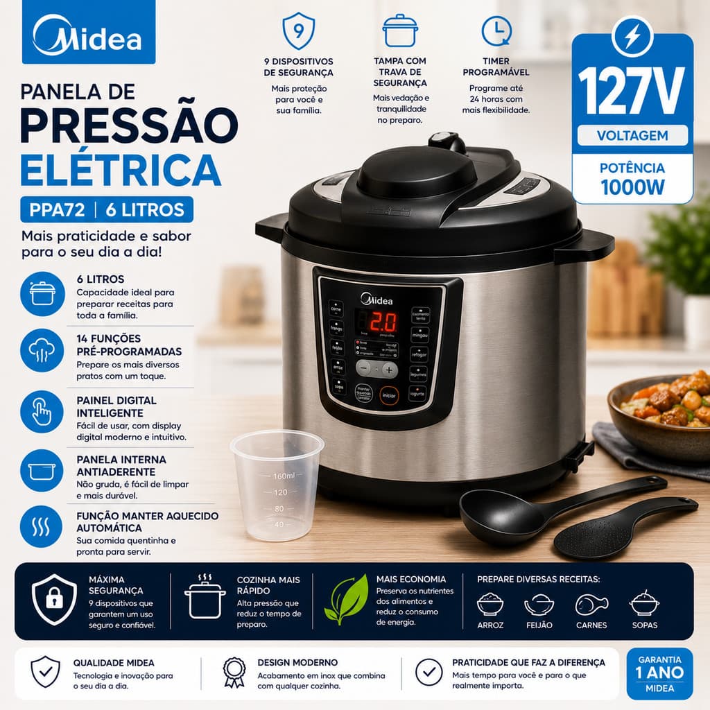 Panela de Pressão Elétrica Midea PPA71 6L Digital Inox 1000W – 127V