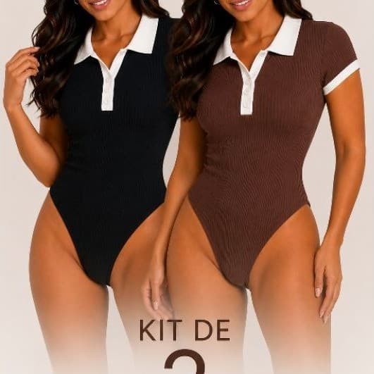 Kit 2 Bodys Femininos Gola Polo Canelado Manga Curta Bicolor Elegante/ Casual/ Confortável