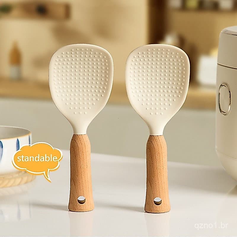 Colher De Arroz Antiaderente De Silicone Suportável Com Partículas Cabo De Madeira Espátula Armazenamento Doméstico