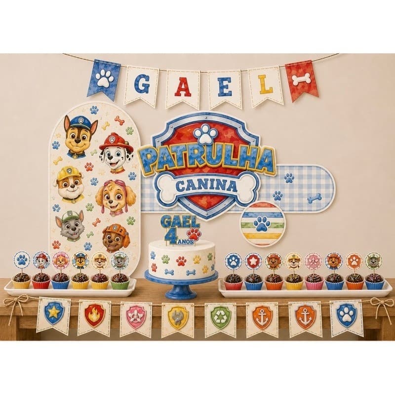Kit Festa Patrulha Canina Completo Personalizado | Painel + Topo de Bolo + Bandeirolas + 20 Topos de Doces