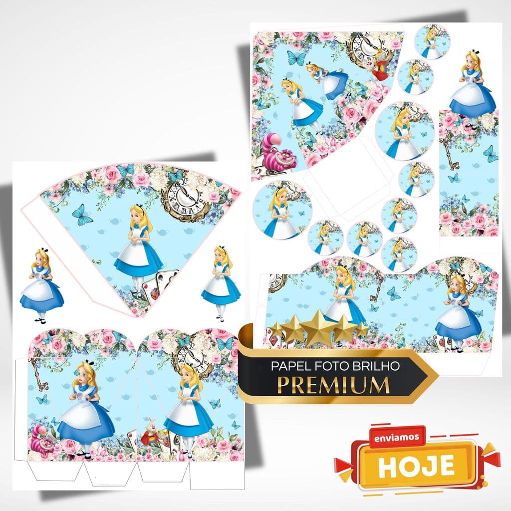 COM NOME | Envio 12h ALICE NO PAÍS DAS MARAVILHAS Kit Completo 200 Lembrancinha Personalizada | Papel Foto Premium