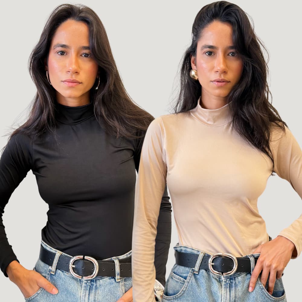 Kit 2 Blusa Feminina Estilosa Manga Longa Elegante Gola Alta Confortável Básico Liso Camisa De Frio Segunda Pele