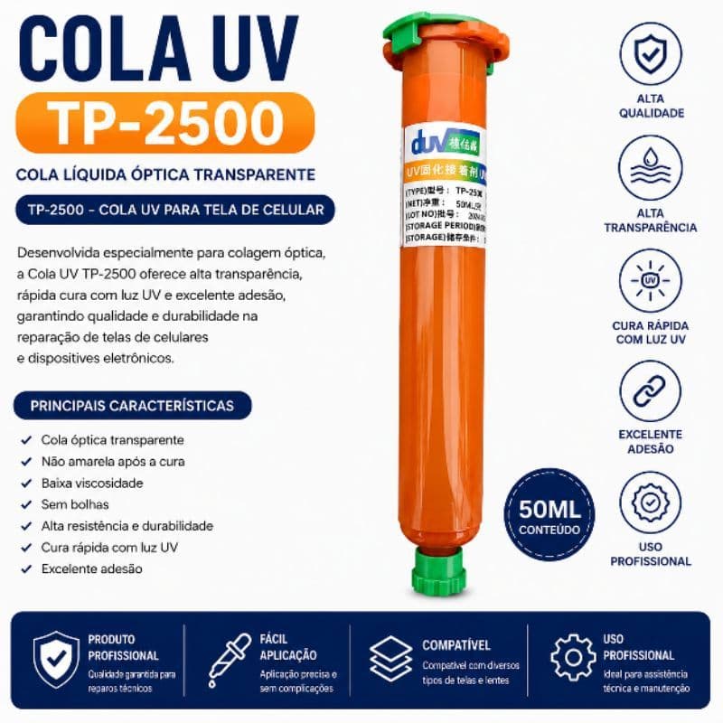 Cola UV TP-2500 50ML Cola Líquida Óptica Transparente Para Display e Vidro