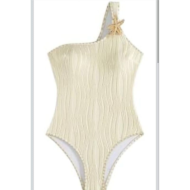 Maiô Feminino de Uma Ombro inclinado de Cor Sólida para Decorado com Conchas e Estrelas-Do-Mar - Beige, xl(gg)/44