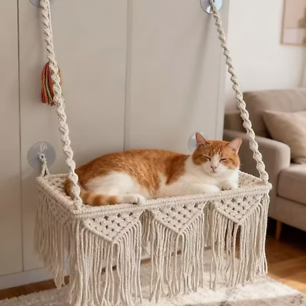 Caminha de Gato Suspensa em Macramê com Sistema de Fixação para Instalação em Janela, 45CM X 28CM