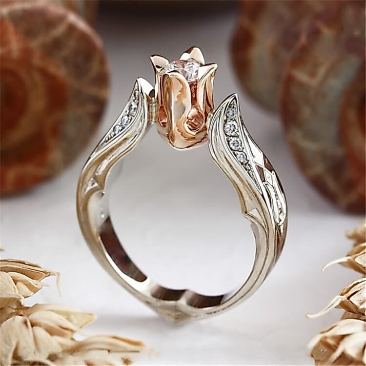 MONICOO Novo estilo rosa ouro cor separada zircão anel de luxo festa flor anel de casamento colorido