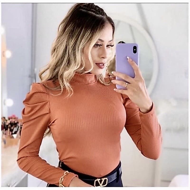 Blusa Manga Longe Princesa Gola Alta Canelada Tendência Moda Super Envio ! !