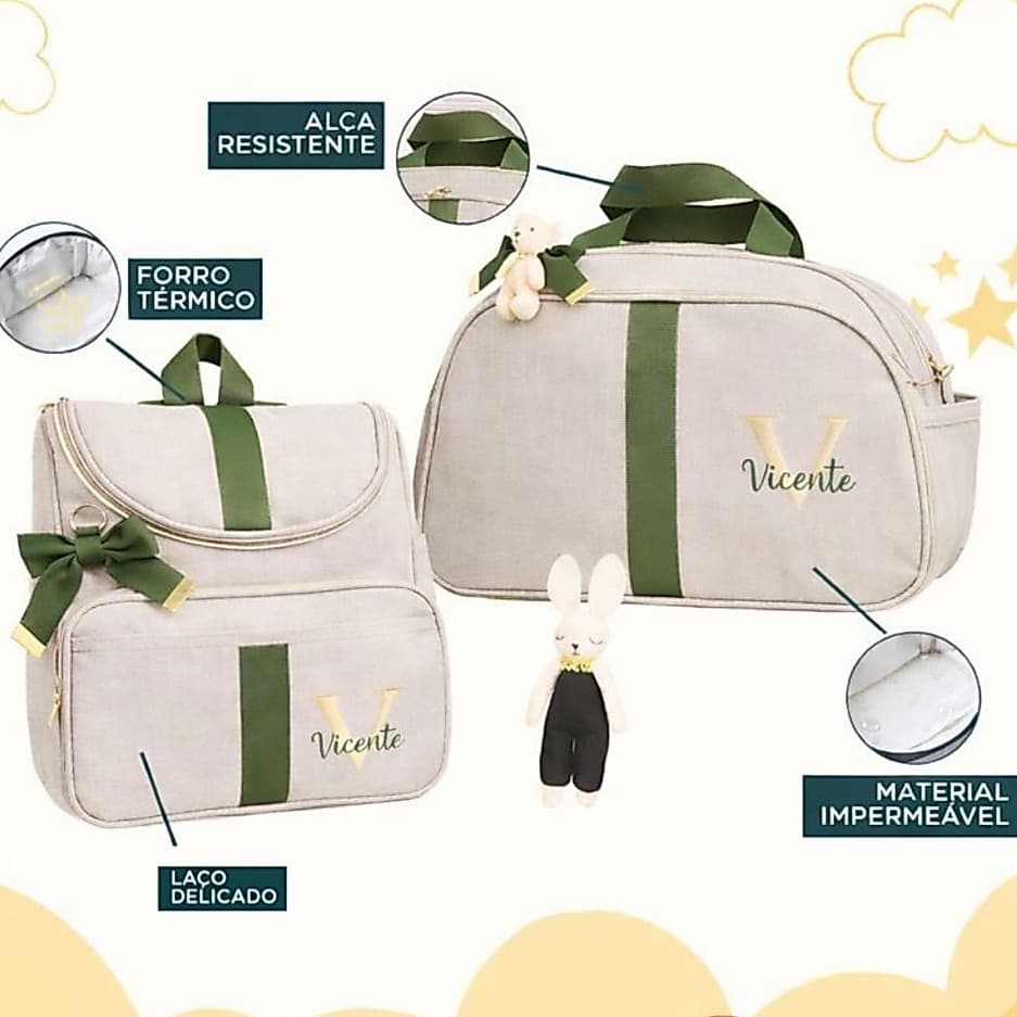 Kit Bolsas Maternidade 2 peças Bolsa e Mochila Personalizado Térmica Impermeável, Coleção Califórnia