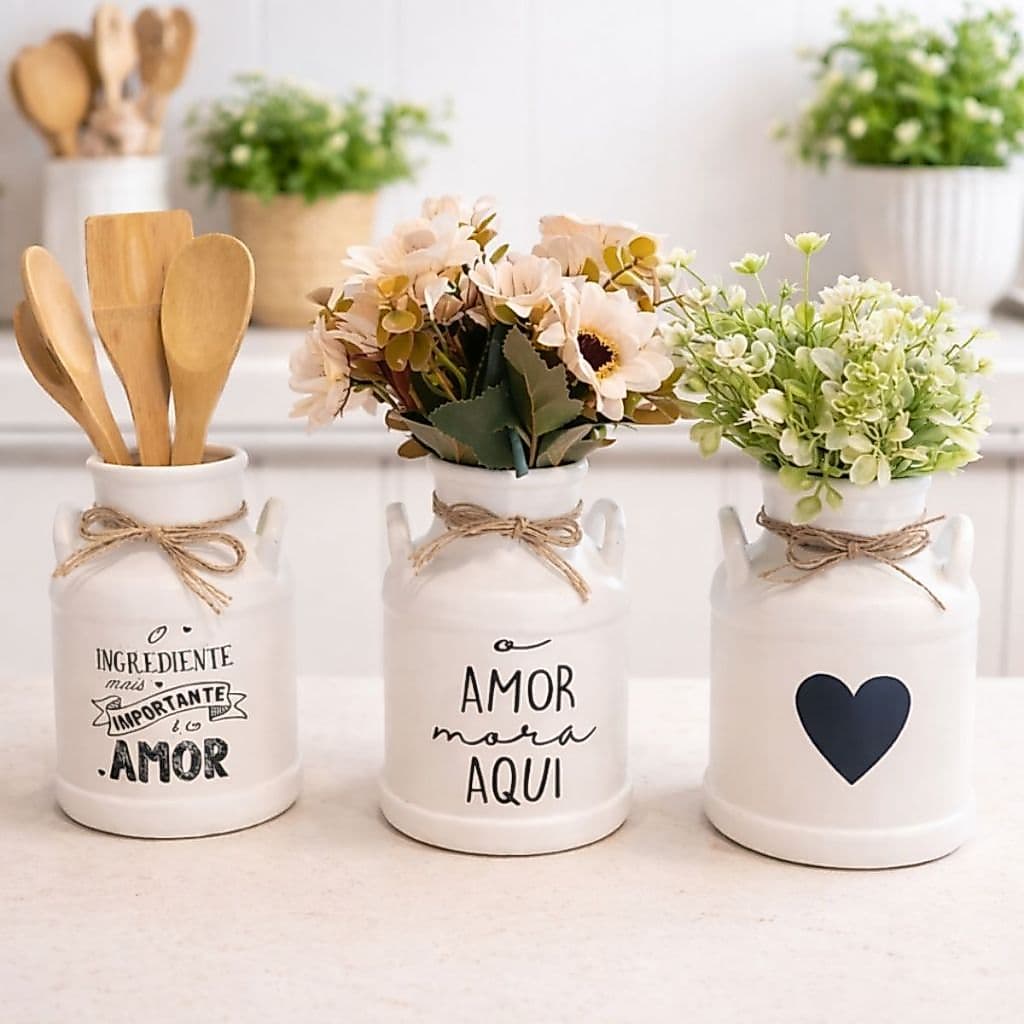 KIT 3 Leiteira Decorativa Branca Porta Talher Multiuso Flores Arranjo