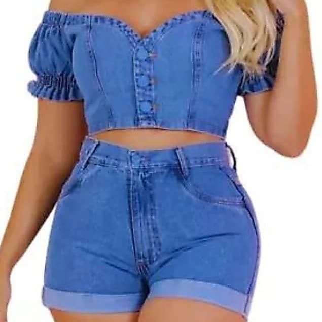 Short Jeans Feminino  + Cropped Ciganinha,  Conjunto Jeans  Premium de  Cropped, Algodão,  Lavagem Clara, Curto, Rose