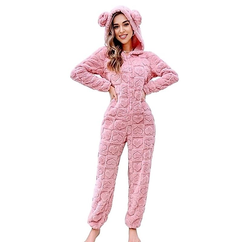 macacão sherpa coração 3D rosa bebê com capuz pelúciado
