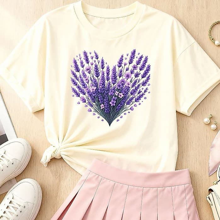 Camiseta Camisa T-shirt Feminina100%Algodão Estampa Floral Lavanda Flores Delicada para Mulheres