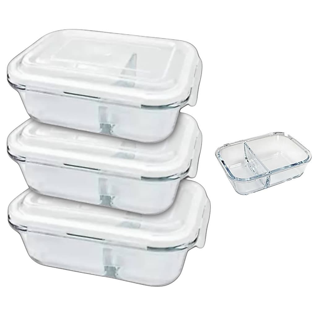Combo com 03 unid Potes Herméticos Vidro Com 2 Divisórias Marmita 1000ml Linha Elite