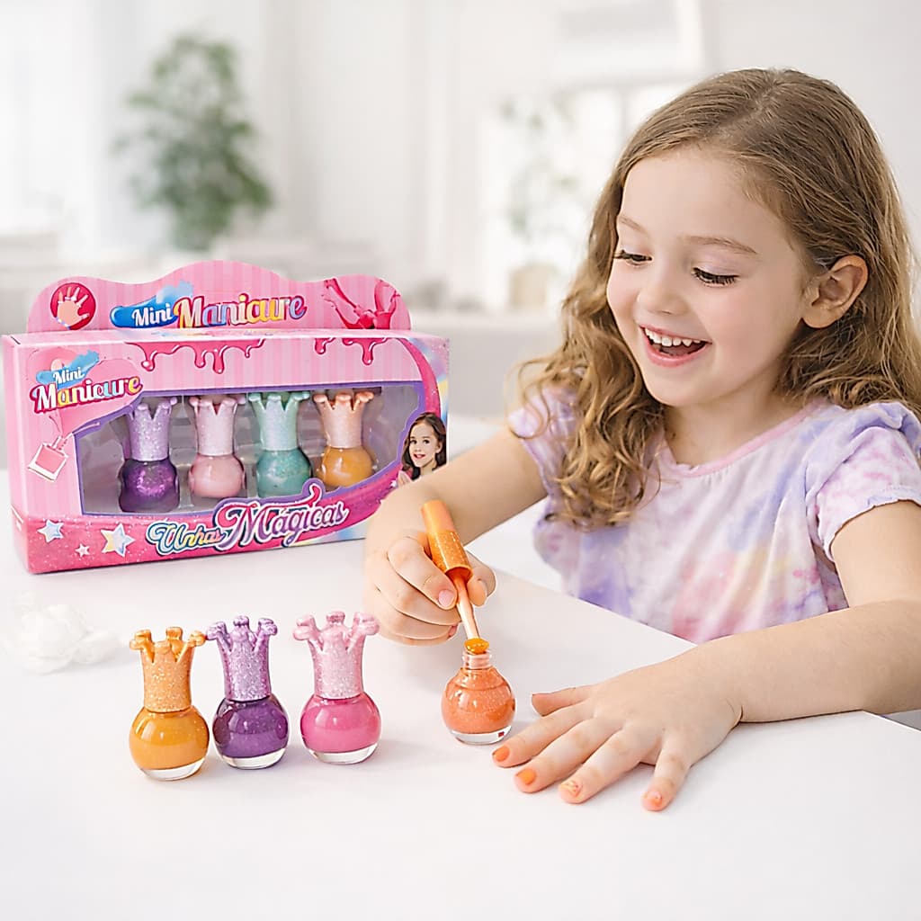 Mini Manicure Infantil – Kit 4 Esmaltes à Base de Água, Glitter Lavável, Não Tóxico, Presente para Meninas