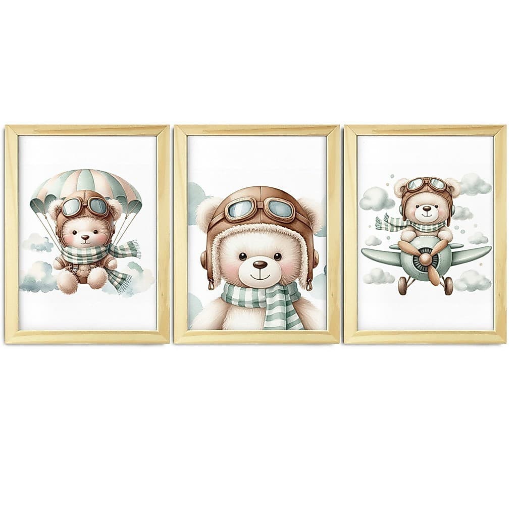 Kit 3 Quadros Decorativos Infantis Ursinho Aviador Colorido Quarto