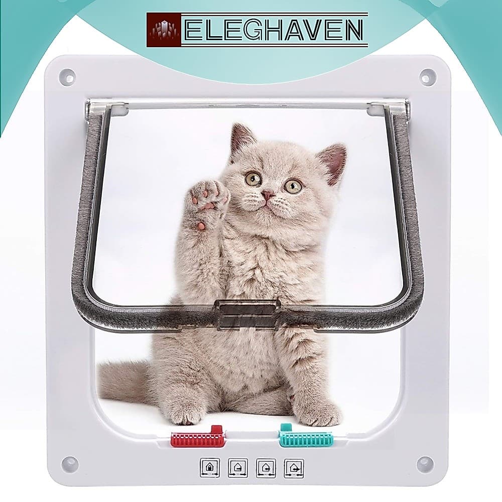 ELEGHAVEN>>Porta grande do gato, porta da aleta do gato de bloqueio de 4 vias para portas exteriores interiores, por