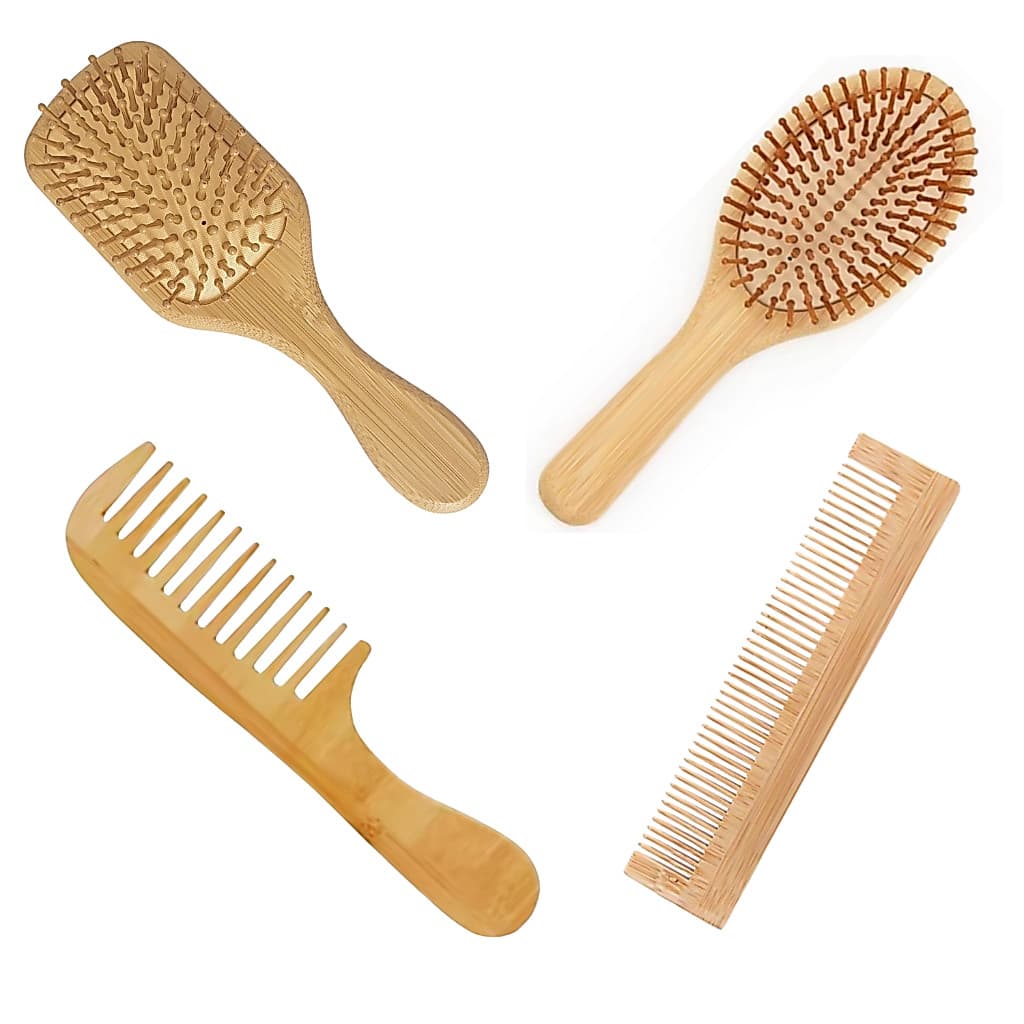 Kit Pentes Escovas Bambu Madeira Cabelo Barba Redonda Quadrada Diferentes Tamanhos