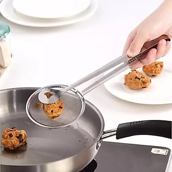 Escumadeira Com Pinça Para Fritura Salgados Escorredor Com Pegador Inox 28,5cm
