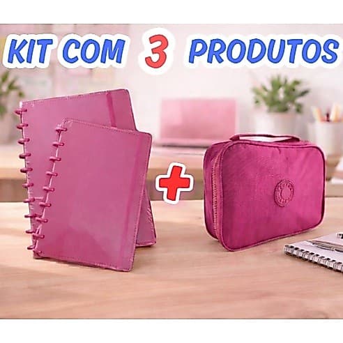 Kit Escolar com 3 Itens – 2 Cadernos de Discos Estilo Inteligente (B5+A5) + Estojo Grande 100 pens