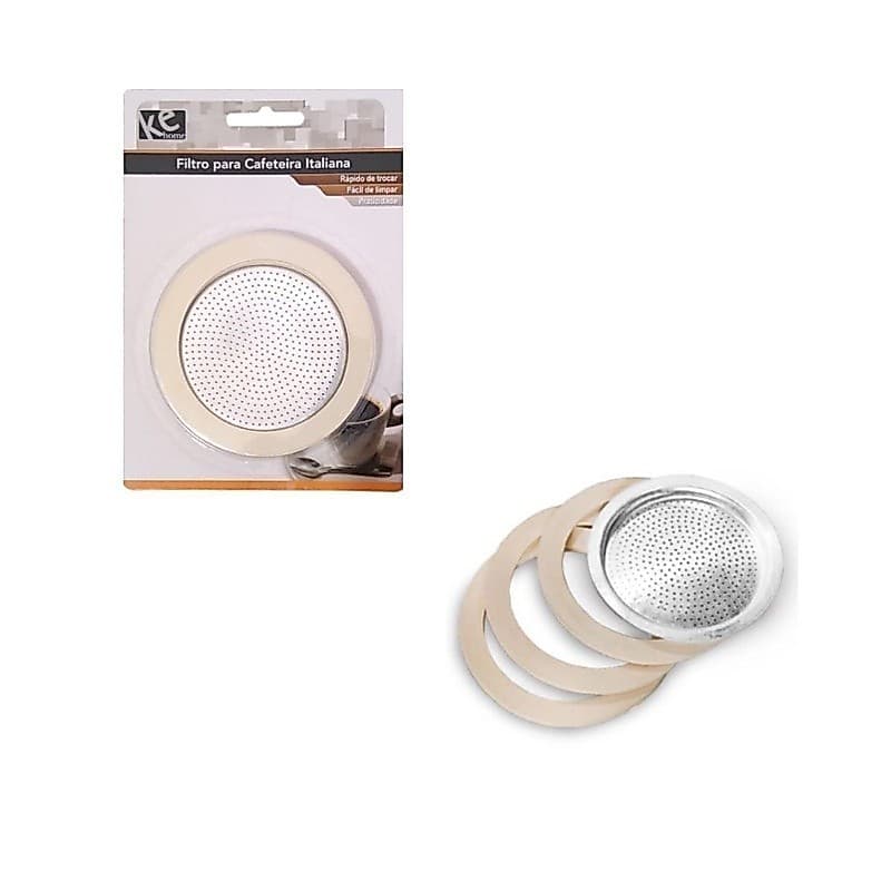 Filtro Inox + 3 Borrachas Vedação KE Home Original – Kit para Cafeteira Italiana 6 Xícaras