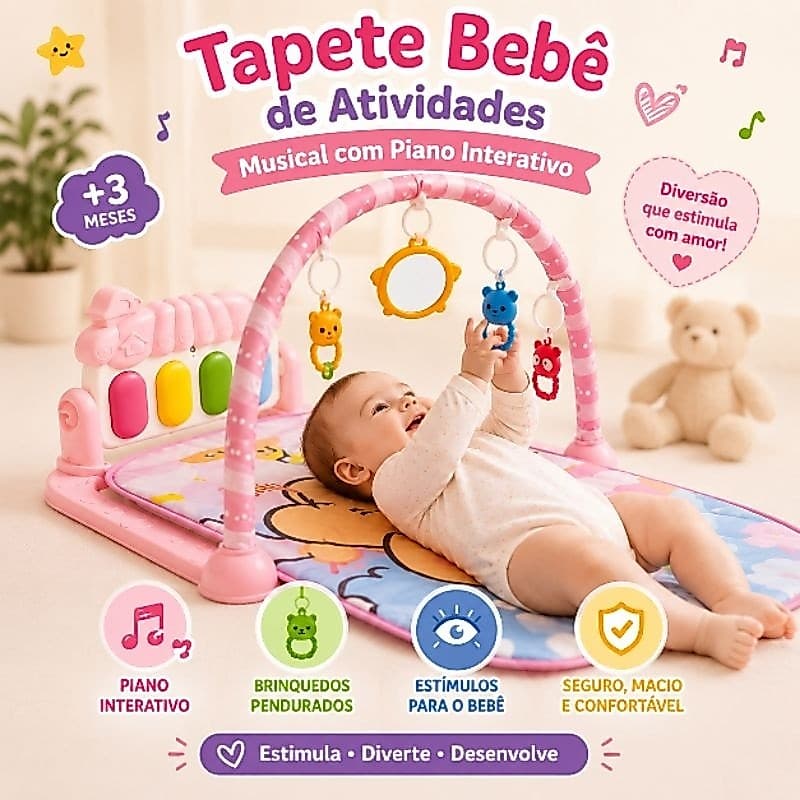 Tapete Atividades Infantil Musical Piano Interativo Brinquedo Educativo Rosa Desenvolvimento