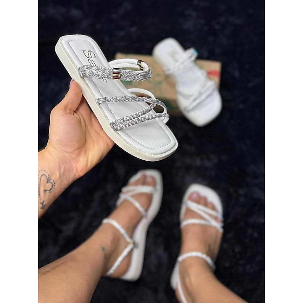 Papete Flatform Sanf Brilho Feminino Confortável Ajuste Strass Elegante Ajustável Leve Macia Dia