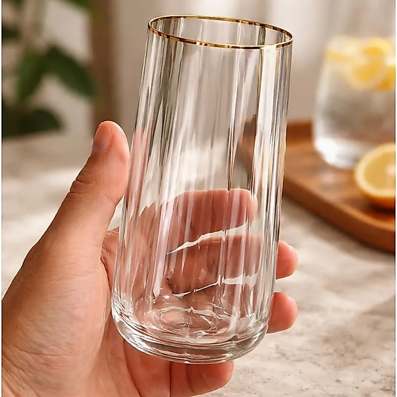 Jogo 6 Copos Alto em Vidro Premium Canelado com Fio de Ouro Água, Suco e Drink Exclusivo Luxo