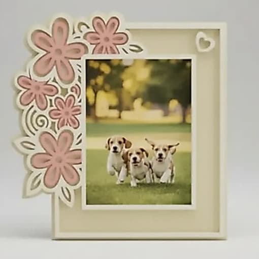 Porta-retratos Pet de Mesa + Plástico + Pet Feliz & Companhia + Alt 16,1cm + Larg 16,5cm + Prof c/suporte 72 gr