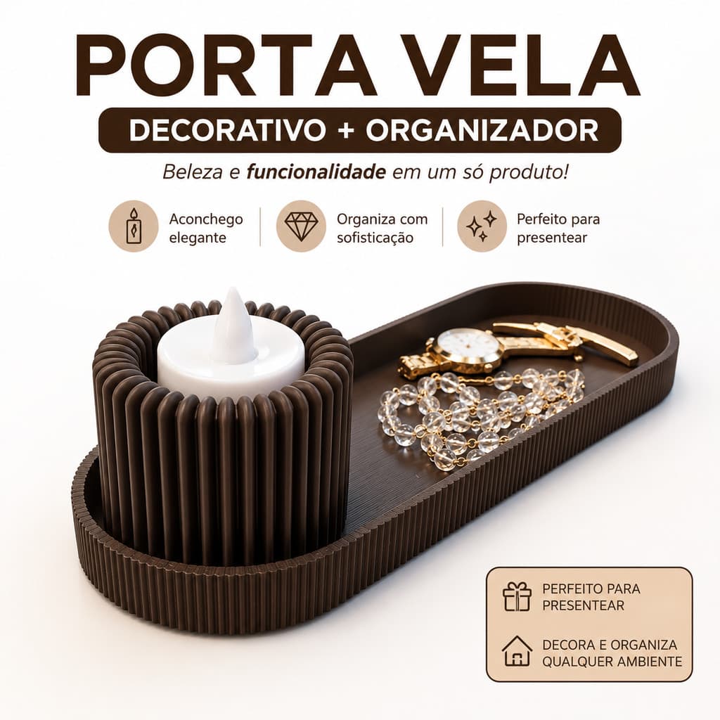 Porta-Velas de LED Canelado + Bandeja Organizadora Oval / Porta Joias / Chaves