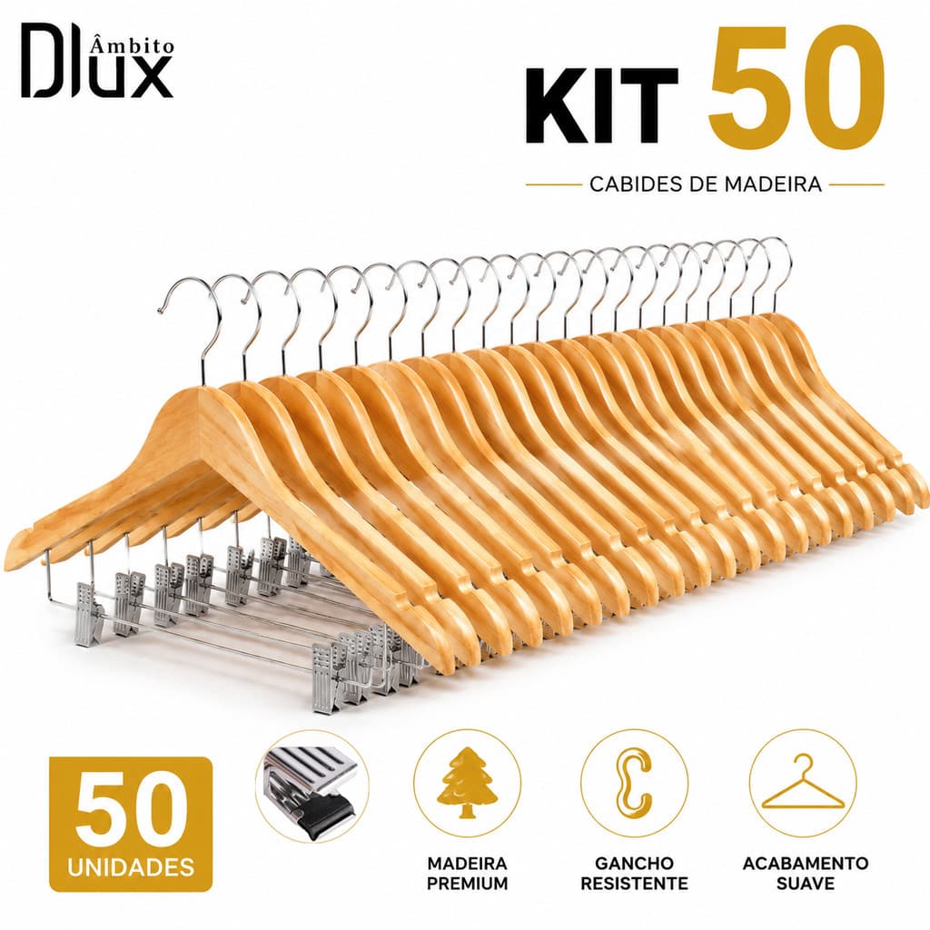 Ambito Dlux Kit 50 Cabides De Madeira Para Roupas Com Presilhas Antiderrapantes Para Guarda Roupa Organizado