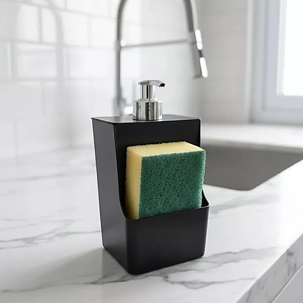 Dispenser Para Detergente Sabão Líquido Com Porta Bucha Cor Preto 550ml Preto Cozinha Pia Xplast