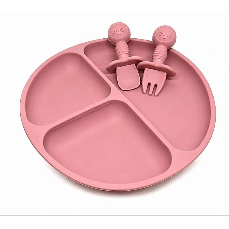 Kit Alimentação Bebê Prato Silicone com Ventosa 3 Divisórias Garfo e Colher Rosa