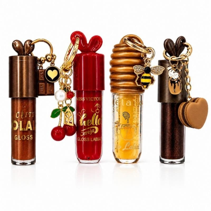 Gloss Labial com Chaveiro Fofo Lip Gloss Hidratante e Brilhante Gloss de Cereja , Mel  e Chocolate , Lip Oil Hidratante.