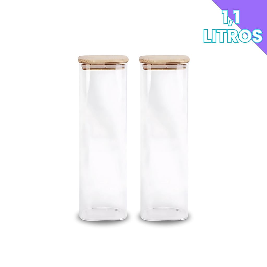 Porta Mantimento De Vidro Herméticos Kit Com 2 Tampa De Bambu 1100ML