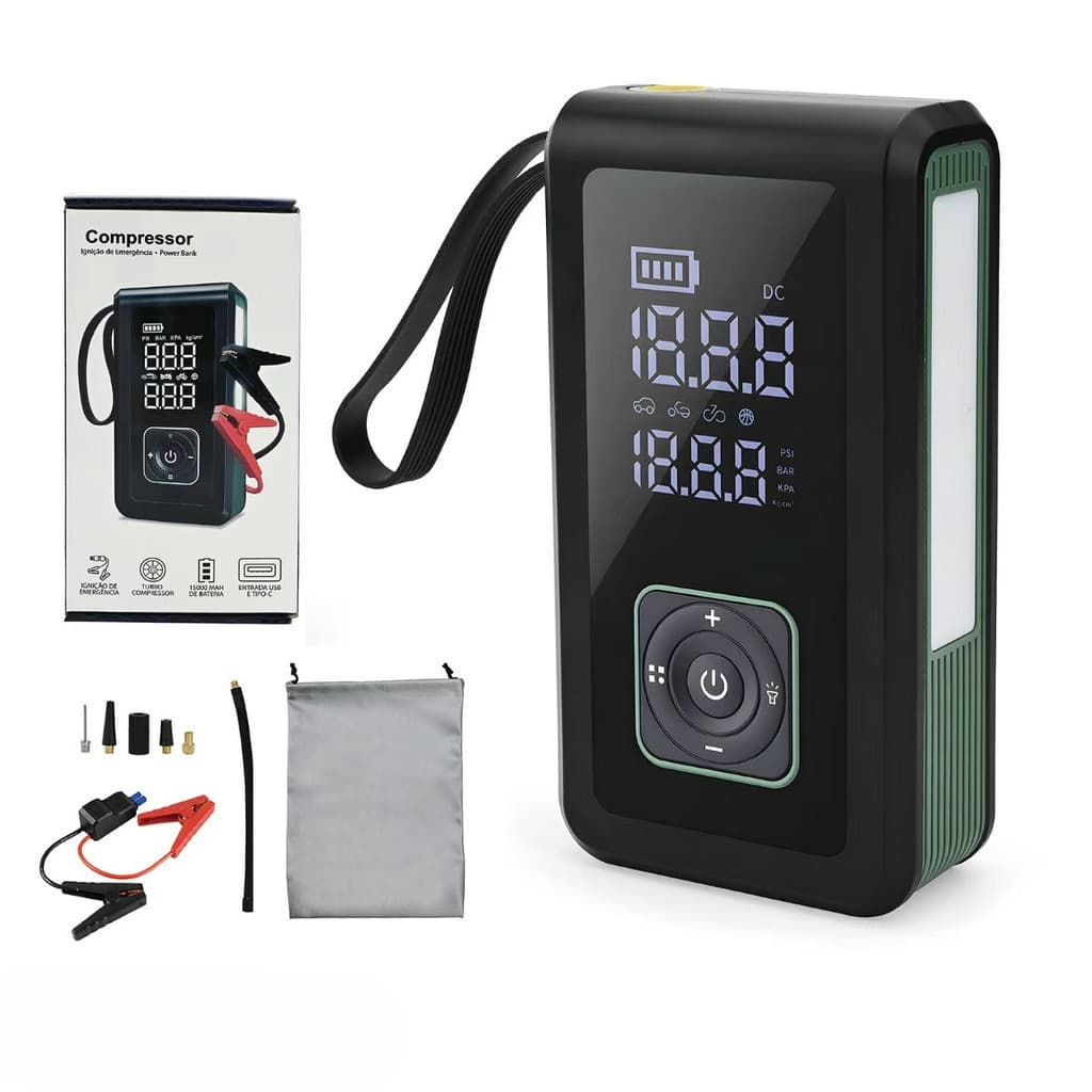 Compressor Portátil 150 PSI com Auxiliar de Partida 1000A Power Bank 15000mAh USB-C Carregador Portátil Kit Automotivo