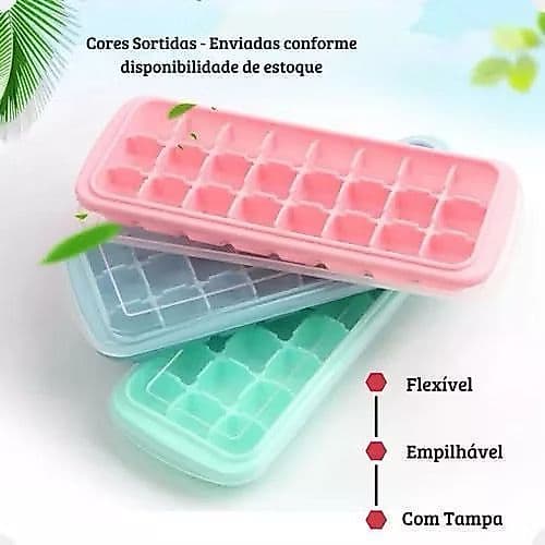 Forma de Gelo em Silicone com Tampa Cubos de Gelo Reutilizável Molde Flexível Fácil Desenformar para Freezer