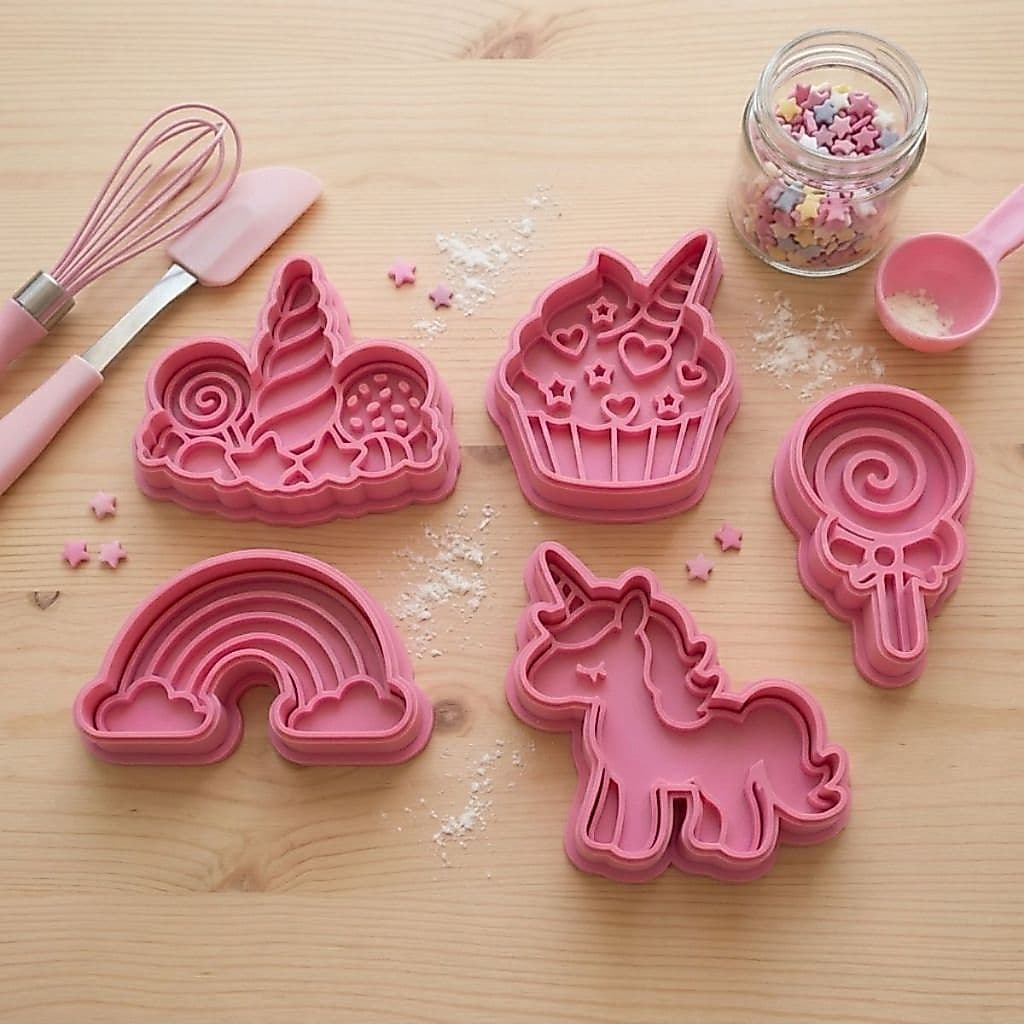Kit 5 Cortadores de Biscoito Unicórnio Arco-íris Cupcake Confeitaria Molde Unicórnio Aniversário