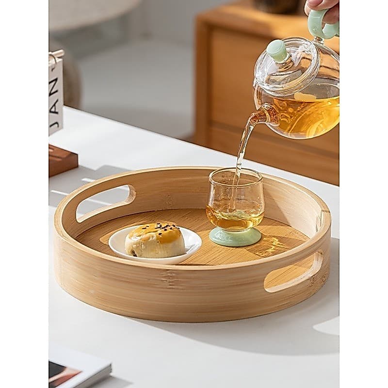 Bandeja de bambu de luxo leve, criativa, japonesa, cozimento, orelha dupla, portátil, redonda, conjunto de chá doméstico