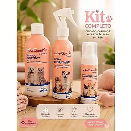 Kit Chemi Pet Dermo Shampoo500ml + Spray240ml + Banho a Seco 150ml Hidratante para Cães e Gatos - USO VET