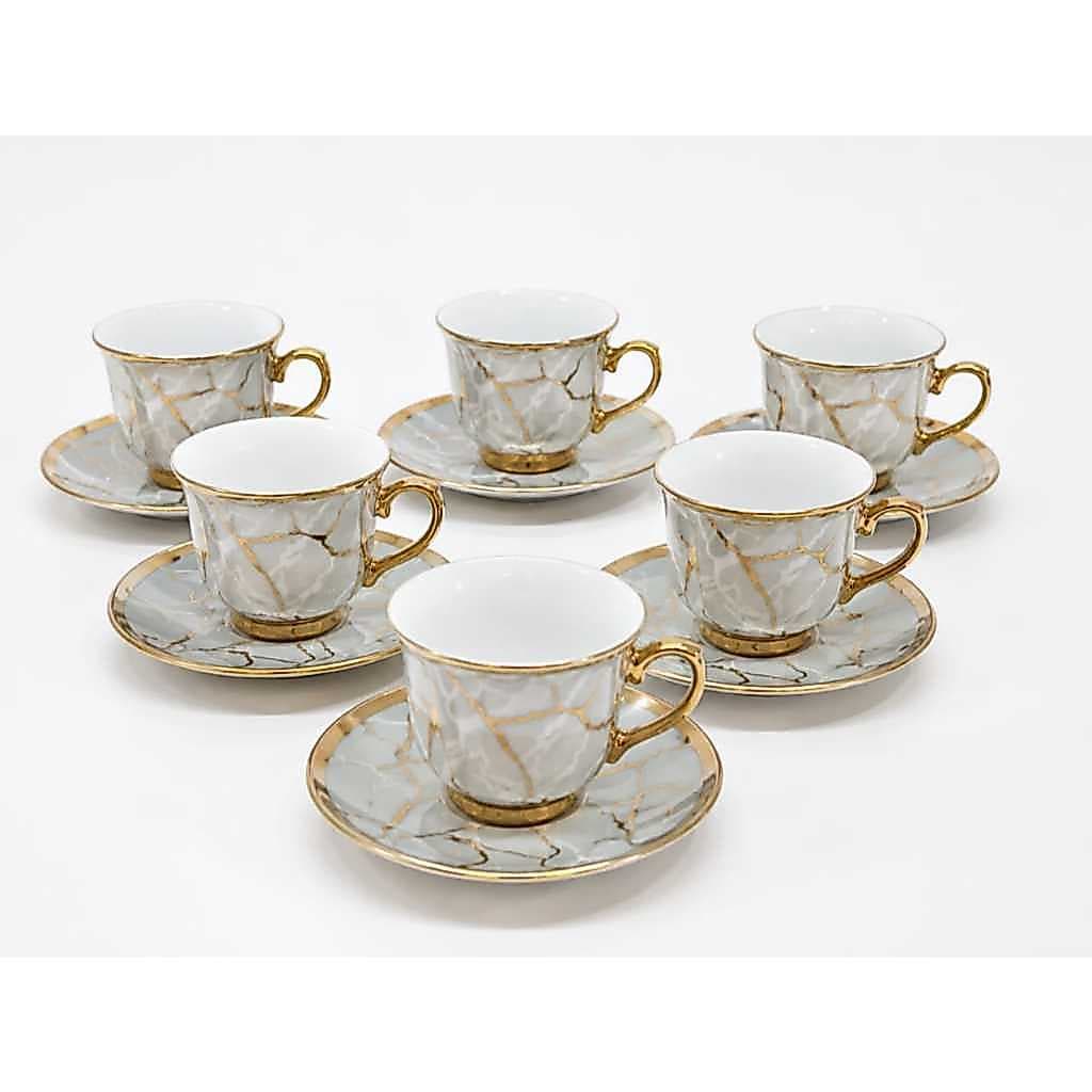 Jogo de Xícaras 6 Xícaras + 6 Pires Porcelana Premium Design Mármore - Elegante para Chá e Café