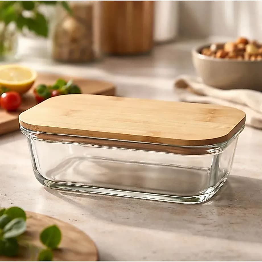 Pote de Vidro Hermético Retangular com Tampa de Bambu 600ml