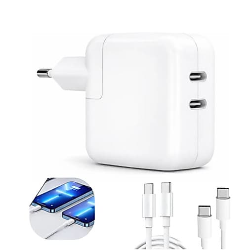 Carregador Turbo 50w PD Duplo Usb-c Para Viagem Rápida iPhone 15 16 17 Pro Max, Macbook, iPad + 2 Cabos Tipo-C 1 Metro