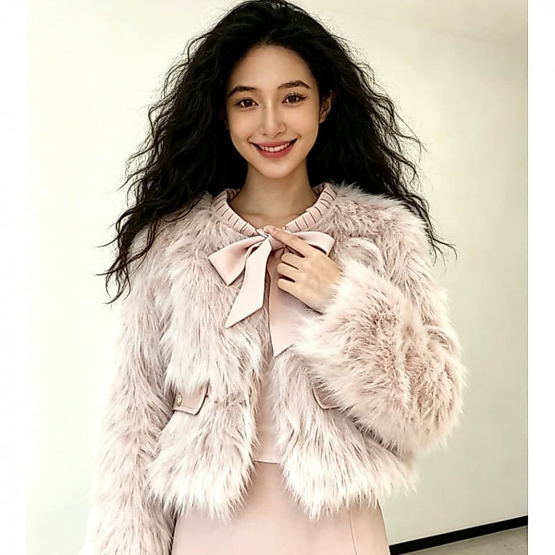 Casaco Pelinho Sintético com Laço e Franja - Estilo Europeu Feminino Inverno