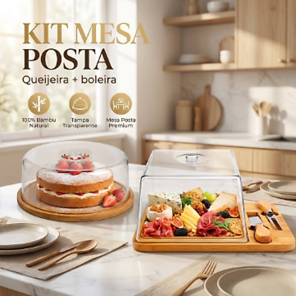 Kit Café Da Manhã Mesa Posta Queijeira Porta Queijo + Boleira 100% Bambu 28cm