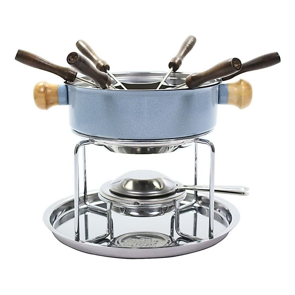 Conjunto Aparelho Para Fondue Panela De Aço Inox Colorido 1 Litro Kit Servir Chocolate Queijo Com Garfo Bandeja
